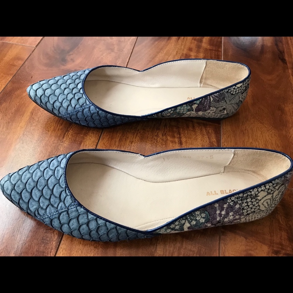 All Black snakeskin blue patterned flats